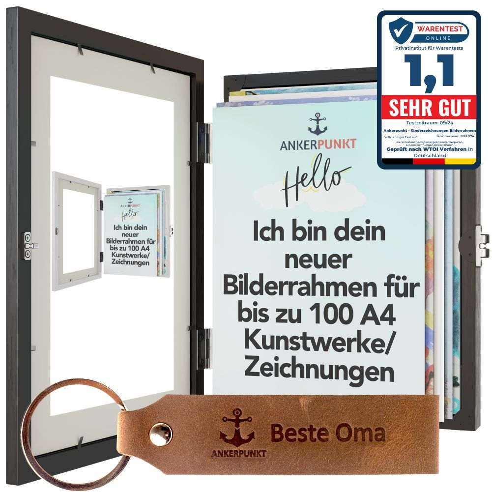 Bilderrahmen für Kinderzeichnungen A4, schwarz, geeignet für bis zu 100 Kunstwerke, ideal als Geschenk für Oma.