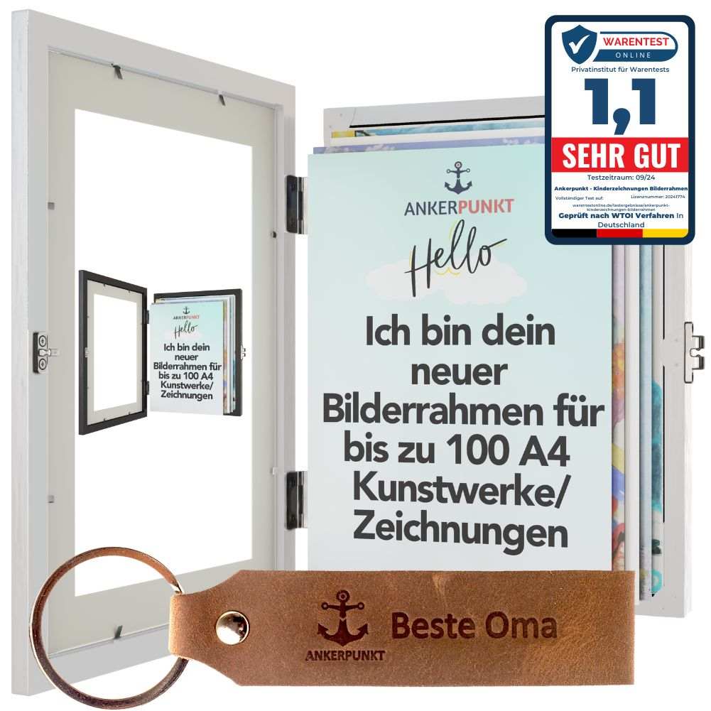 Beste Oma Bilderrahmen für Kinderzeichnungen A4, Platz für bis zu 100 Kunstwerke, weißes MDF Holz, Geschenkidee.