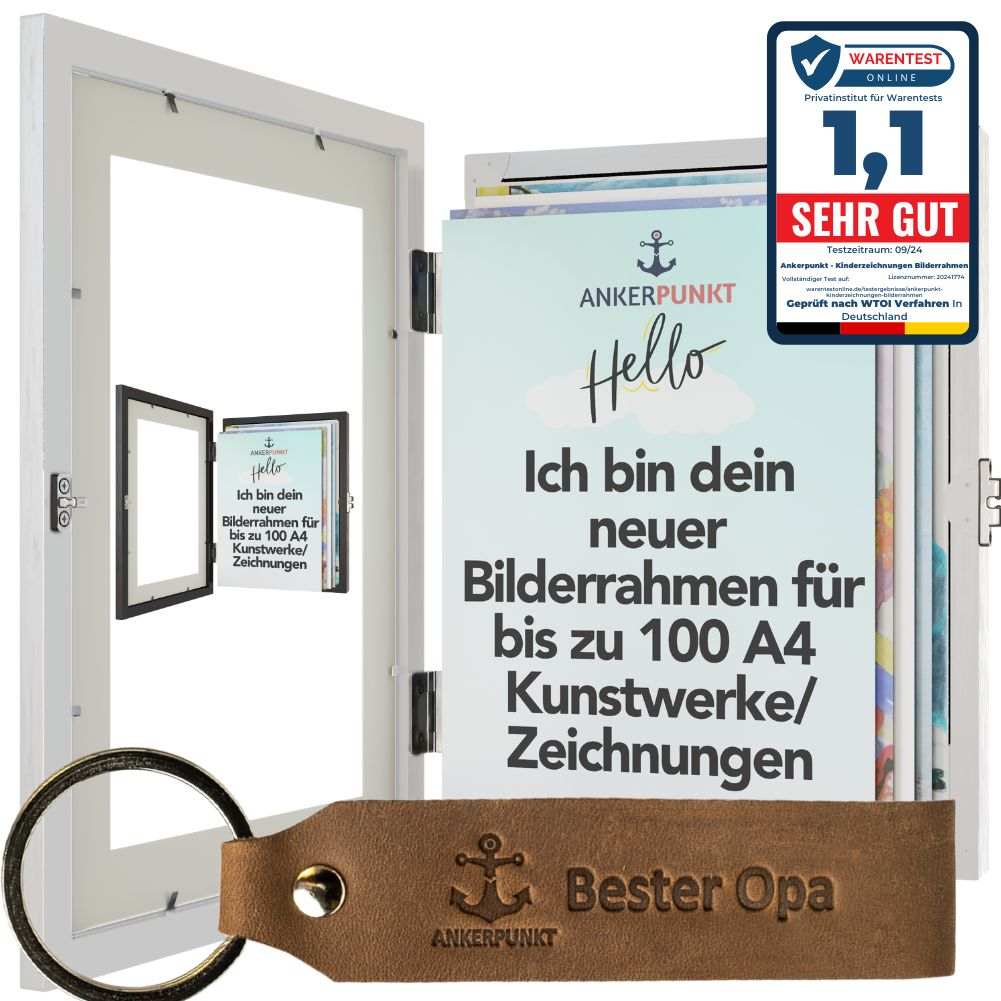 Bester Opa Bilderrahmen für A4 Kinderzeichnungen, weiß, hält bis zu 100 Kunstwerke, attraktives Geschenk für Großvater.