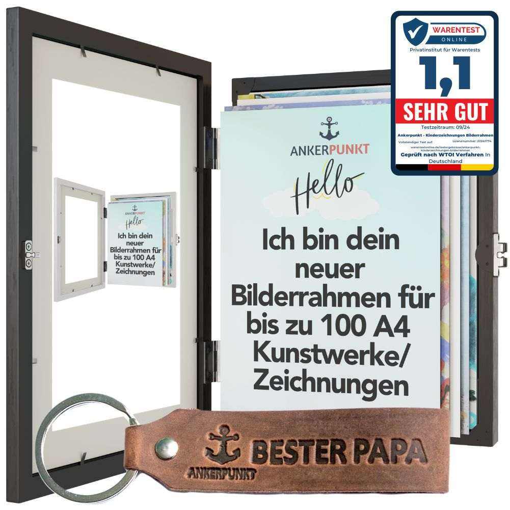 Bester Papa Bilderrahmen in Schwarz für Kinderzeichnungen bis zu 100 A4 Kunstwerke, ideal als Geschenk für Papa.