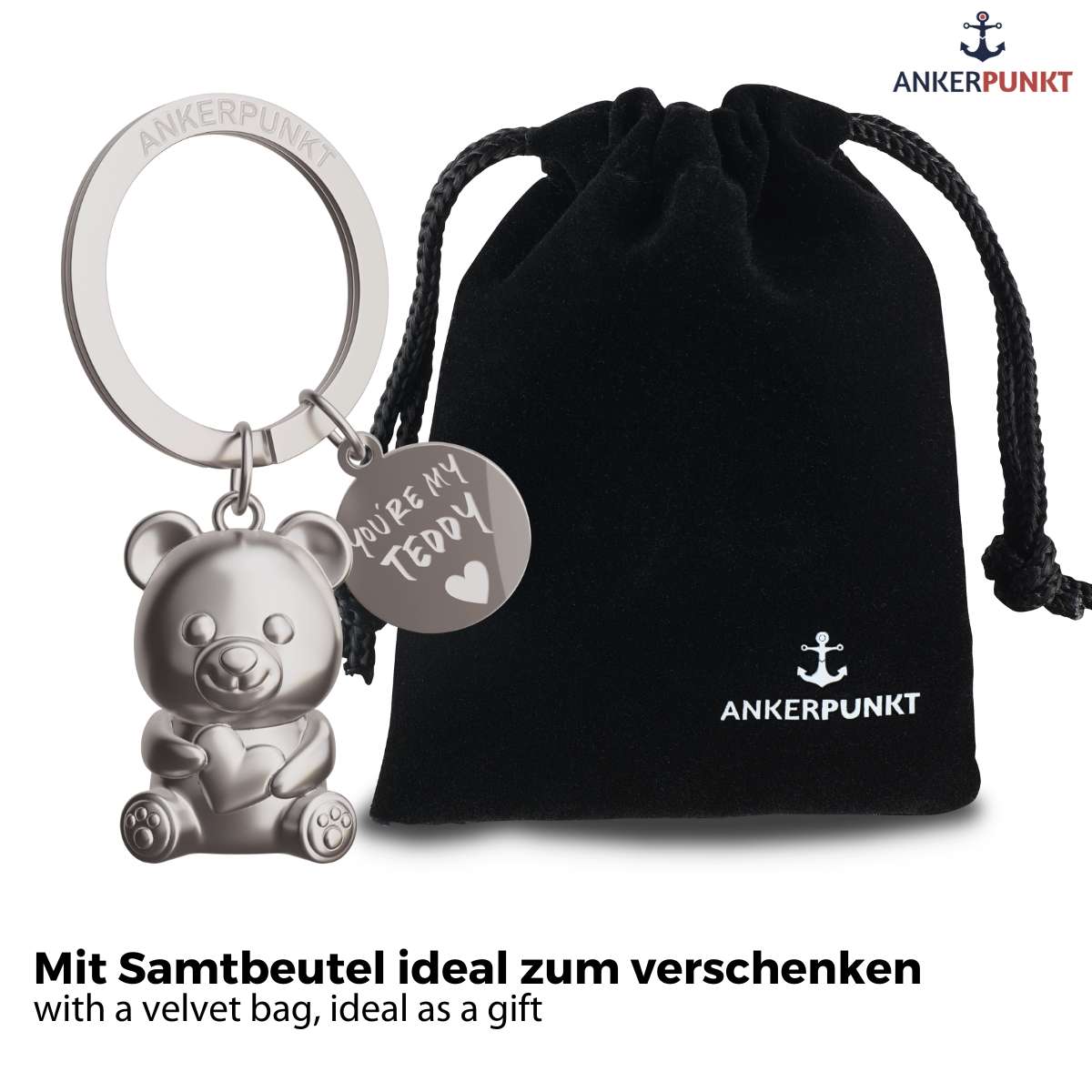 Teddy Schlüsselanhänger mit Gravur im Samtbeutel – ideales Geschenk für Partner und Freundin.