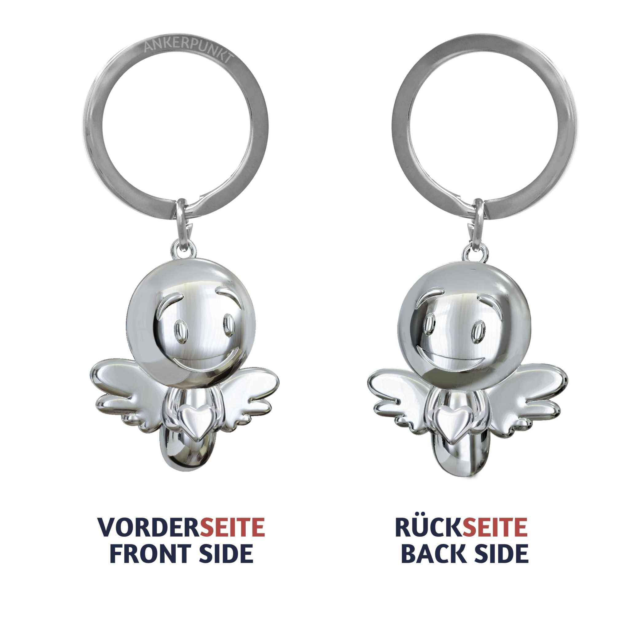 Silver shiny angel keychain, front and back view, perfect gift and talisman.
