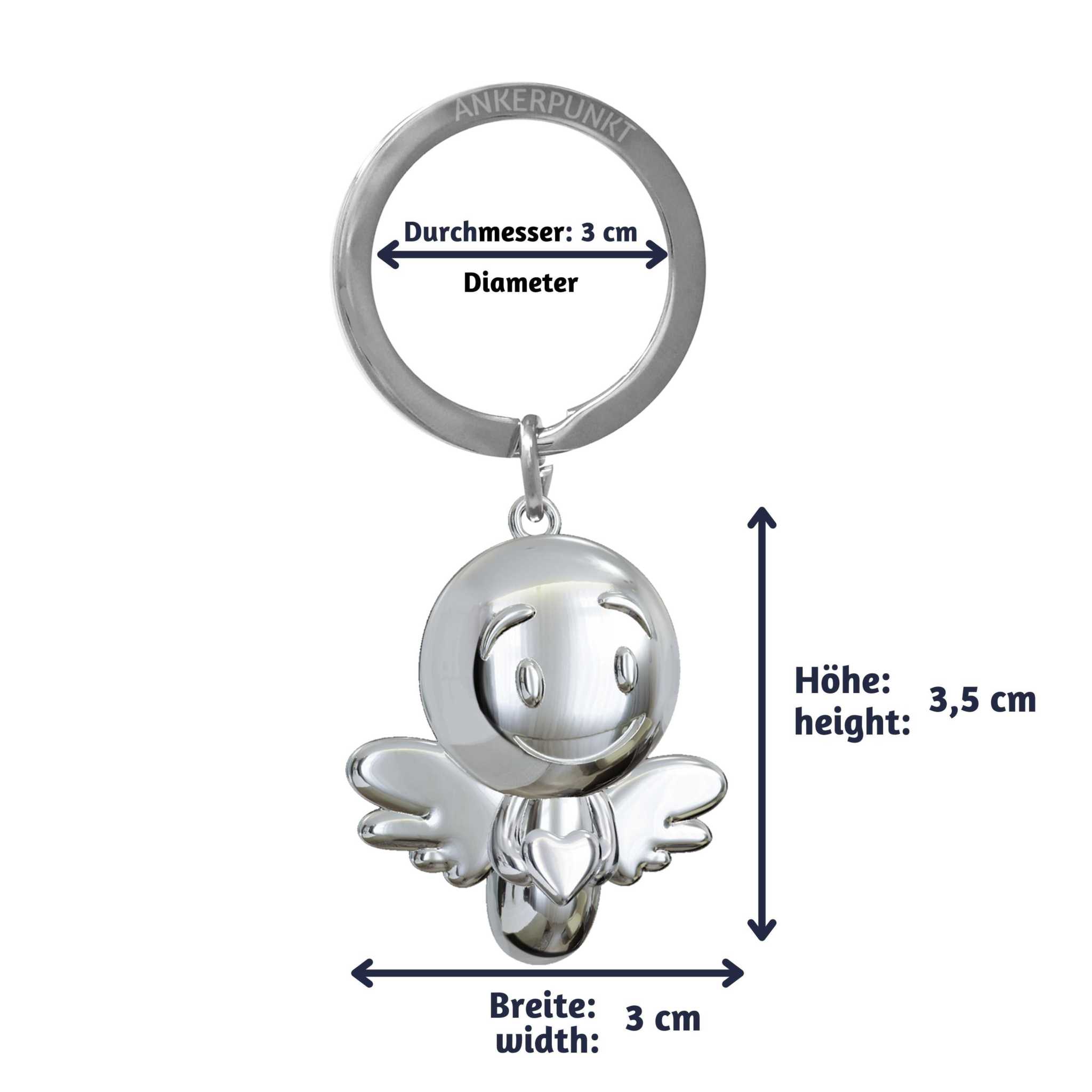 Silver guardian angel keychain with heart, dimensions: diameter 3 cm, height 3.5 cm, width 3 cm.