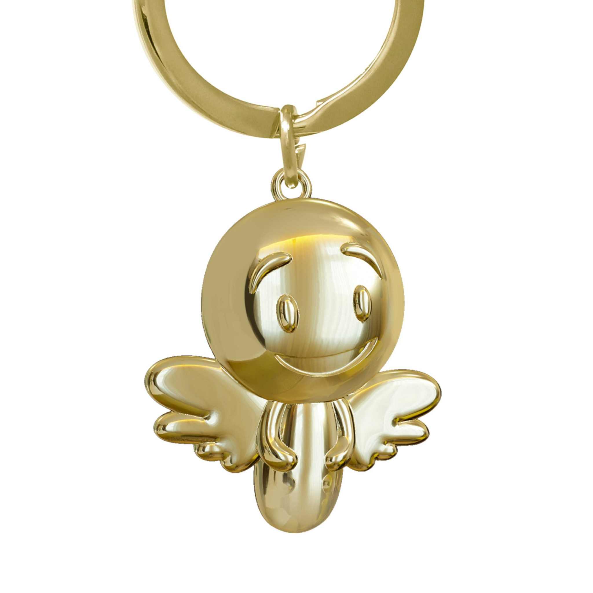 Gold-colored smiling angel keychain, perfect for gifting and protection.