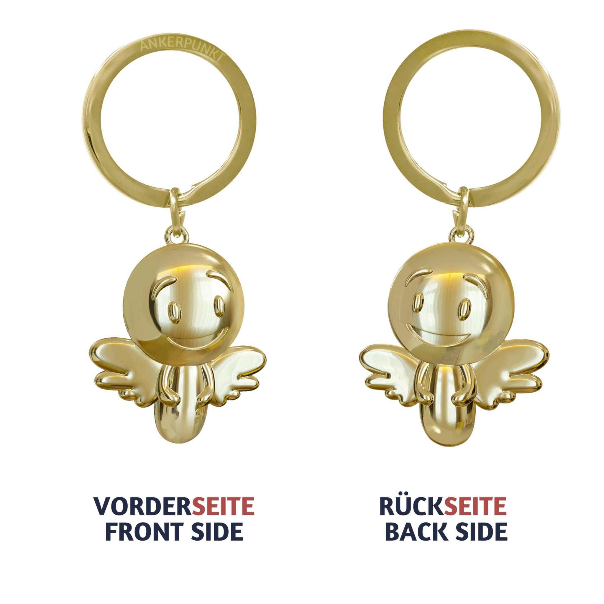 Gold glistening guardian angel keychain with a smiling face, perfect for gifts and protection.