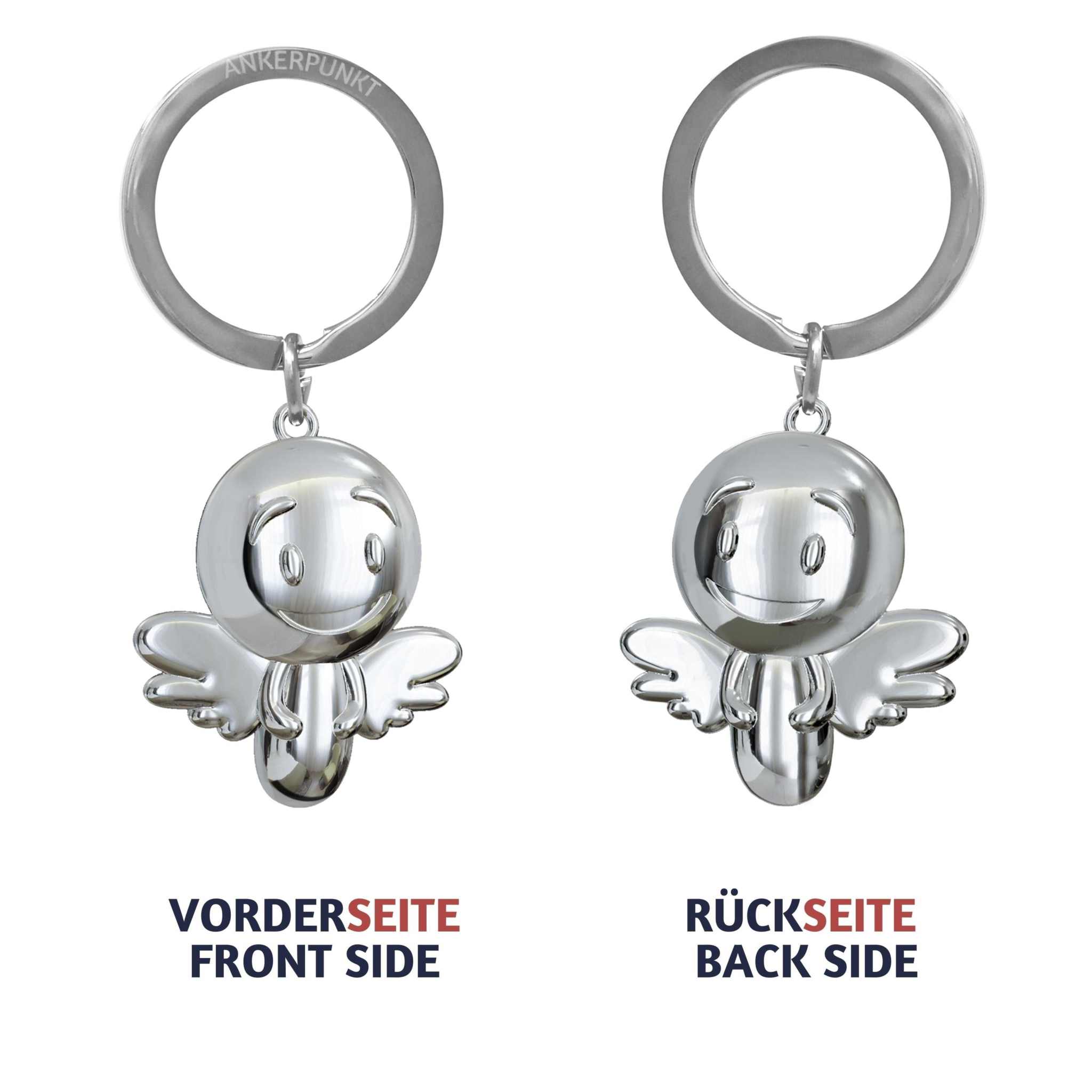 Silver angel smiley keychain, front and back sides shown, Schutzengel Schlüsselanhänger.