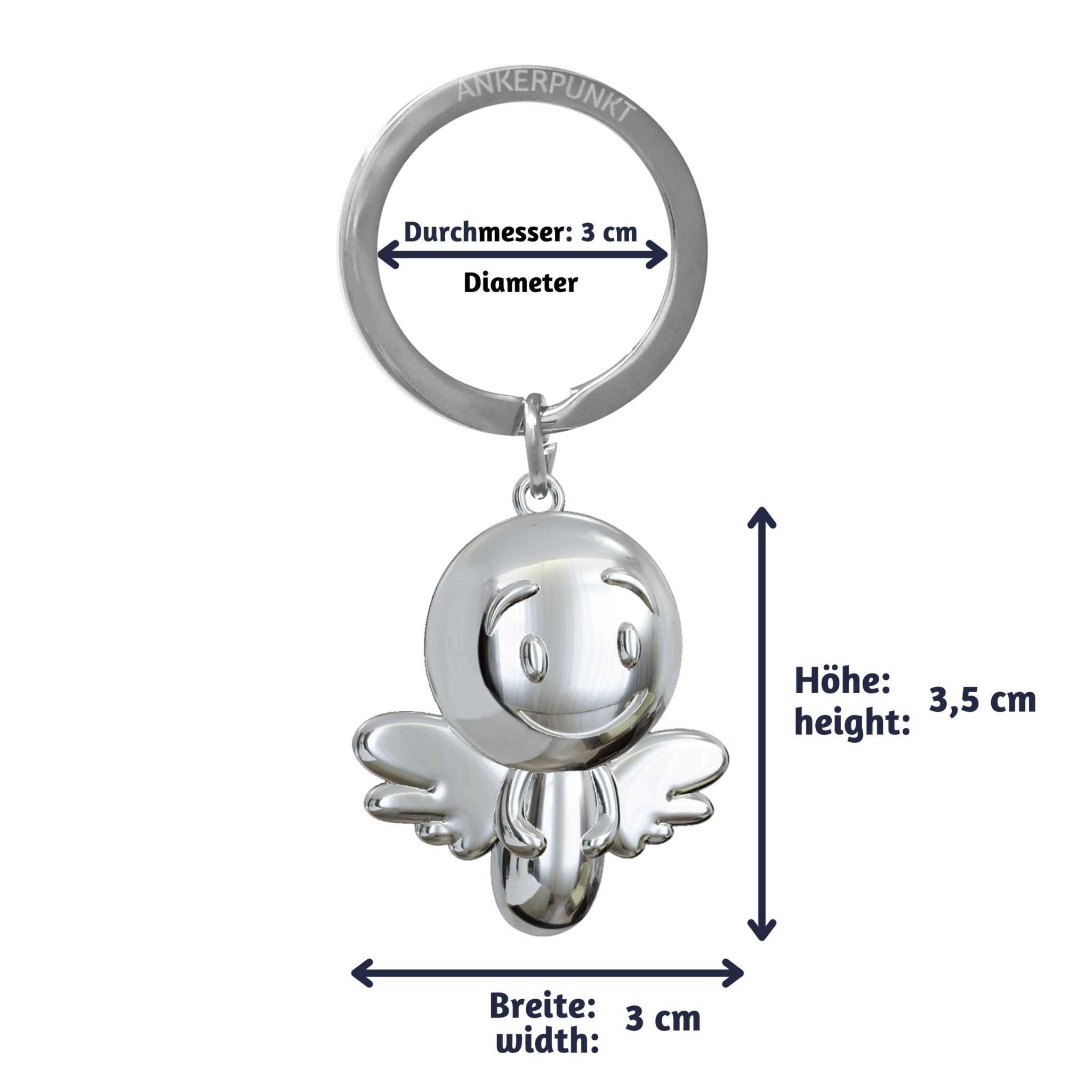 Silver guardian angel keychain with smiling figure, compact size 3.5 cm height, 3 cm width, ideal gift for protection.