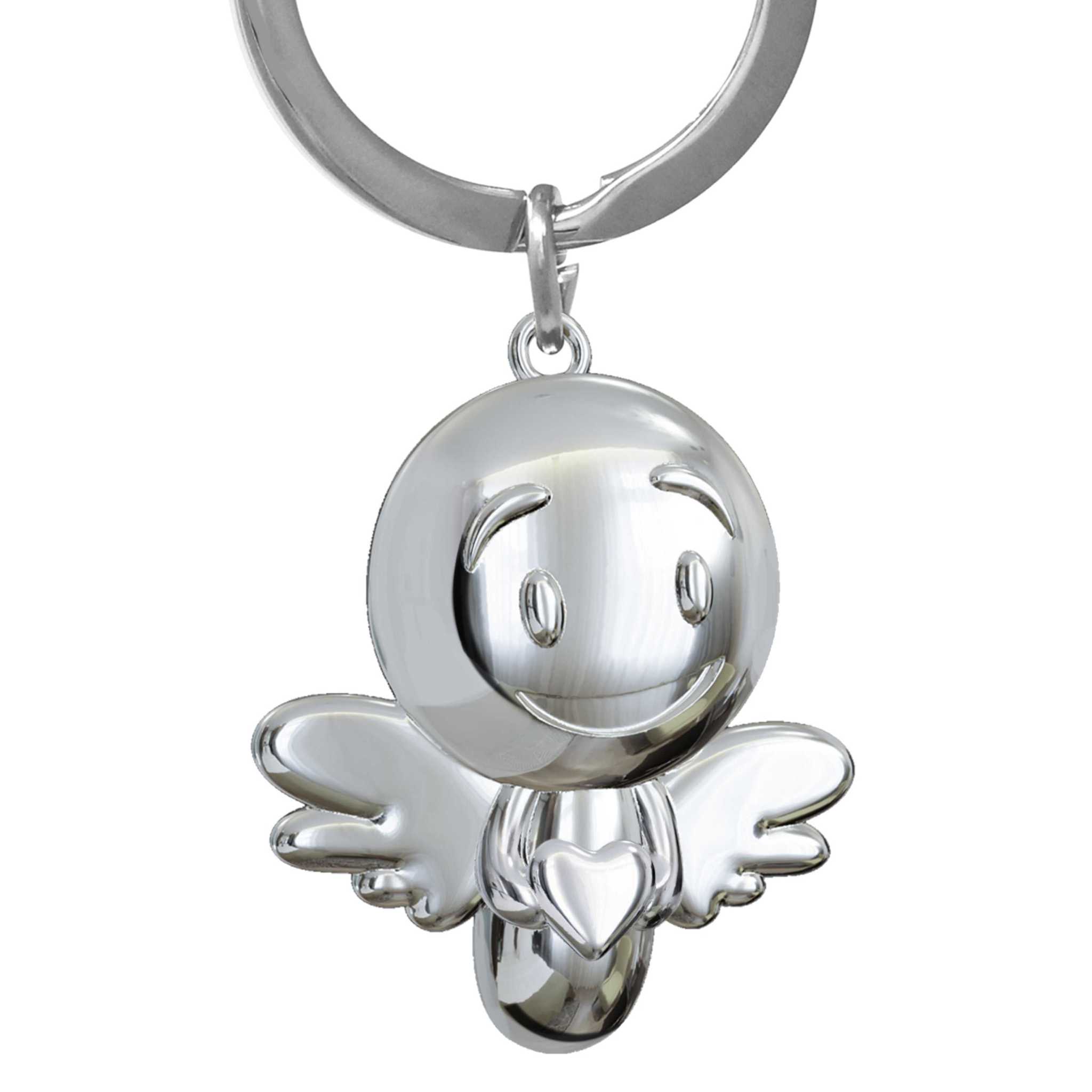 Silber glänzender Schutzengel Schlüsselanhänger mit lächelndem Gesicht und Herz.
