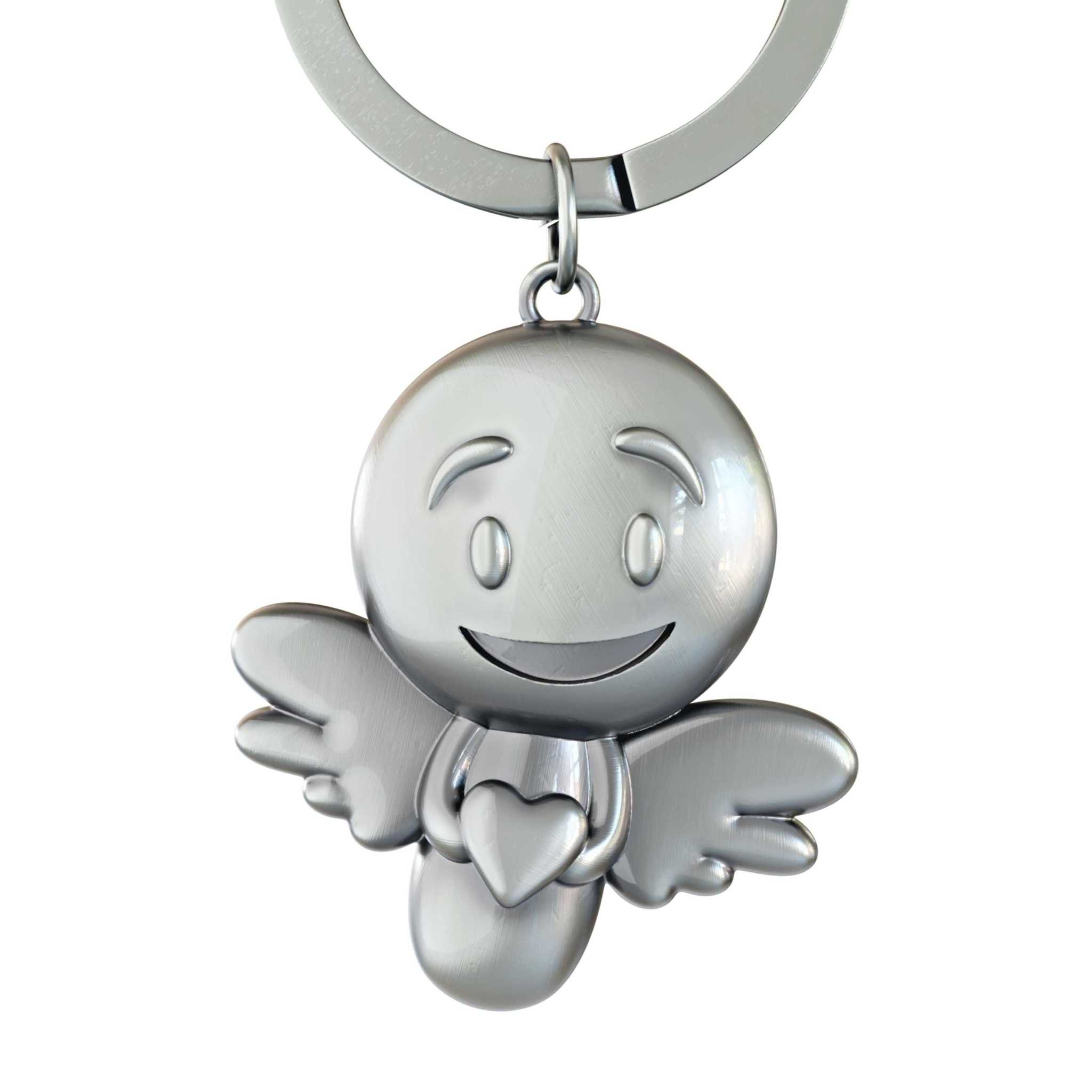 Silver vintage Schutzengel Schlüsselanhänger with a smiling angel and heart design.