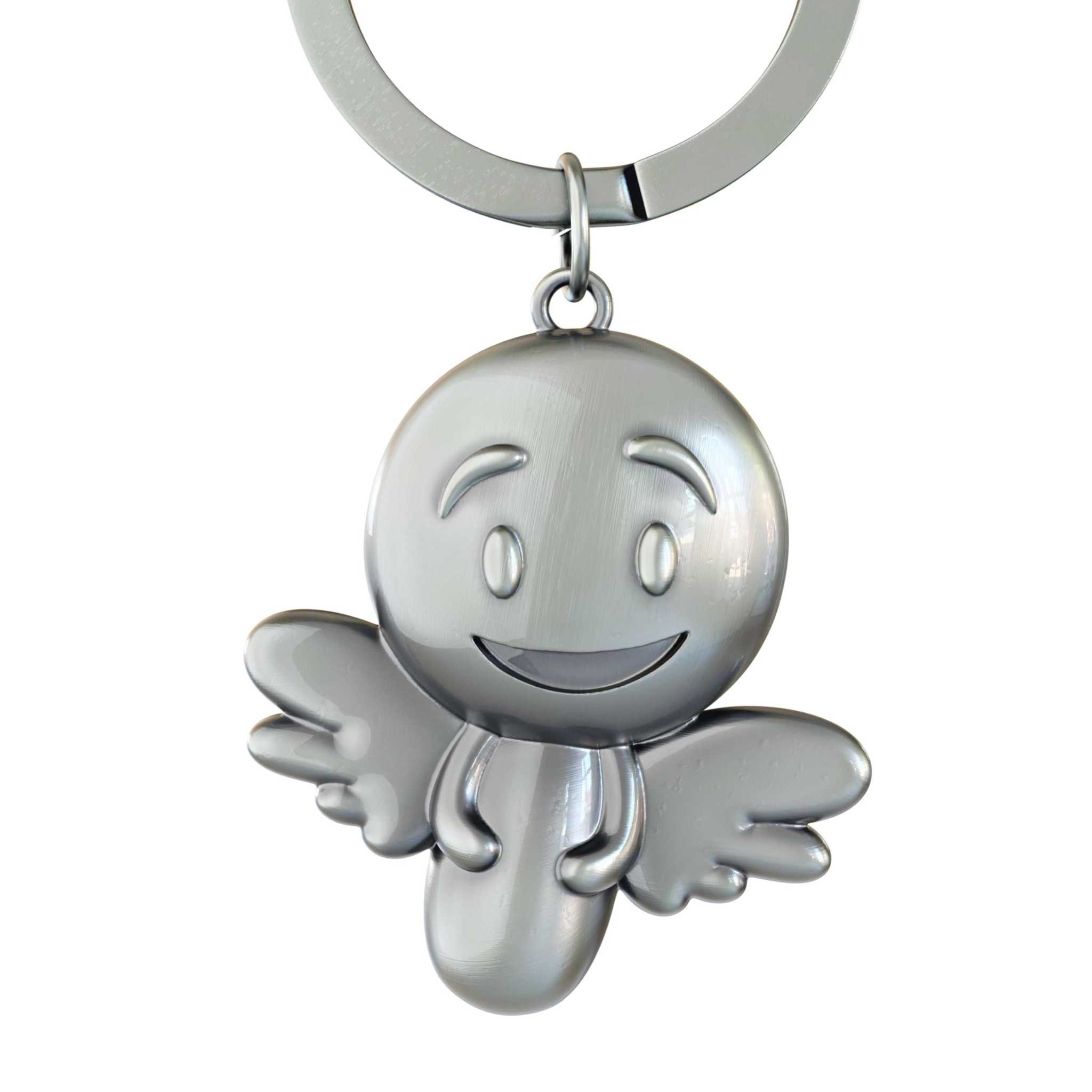 Silver vintage Schutzengel keychain with smiley angel design.